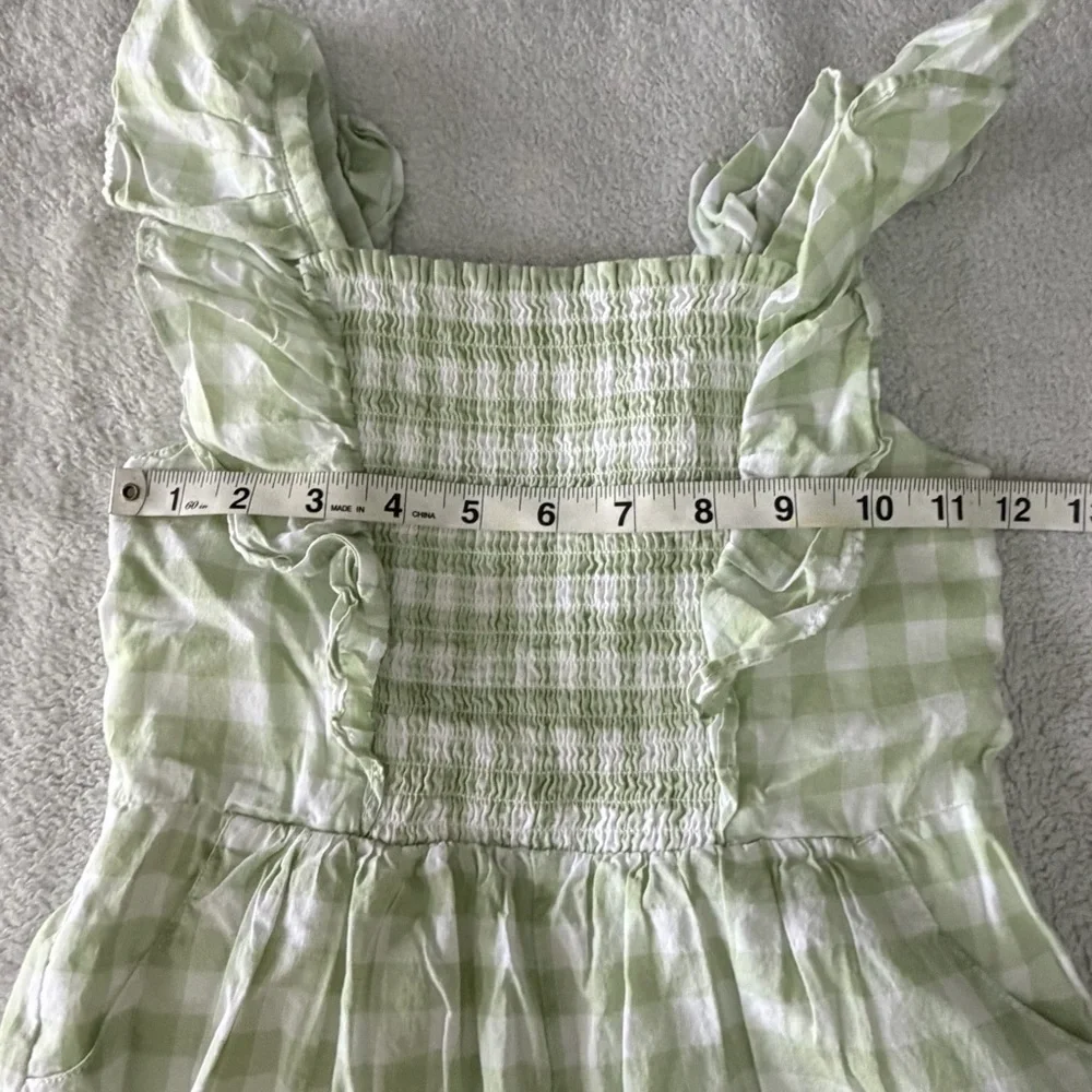 Janie and Jack | Green Gingham Smocked Romper with Ruffle Straps & Pockets | 5